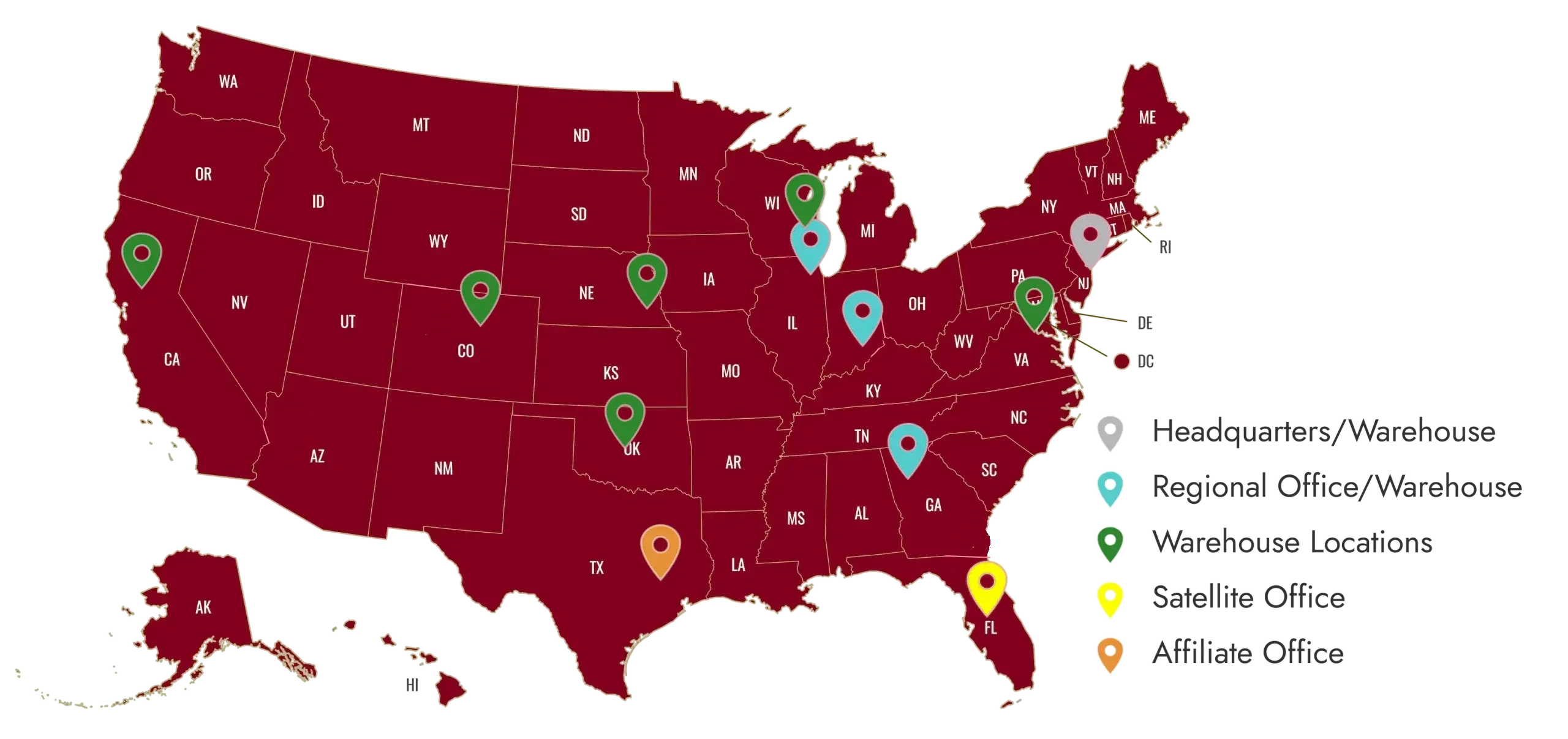 Map of the United States showing Watch Hill headquarters, regional offices, warehouses, satellite and affiliate offices nationwide