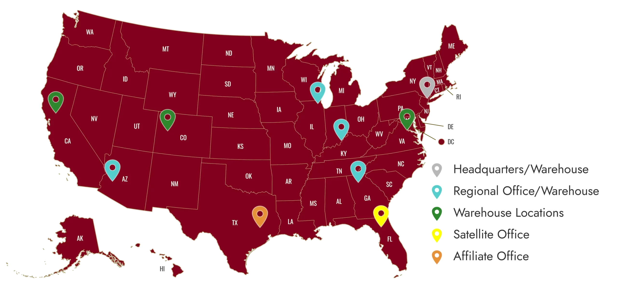 Map of the United States showing Watch Hill headquarters, regional offices, warehouses, satellite and affiliate offices nationwide